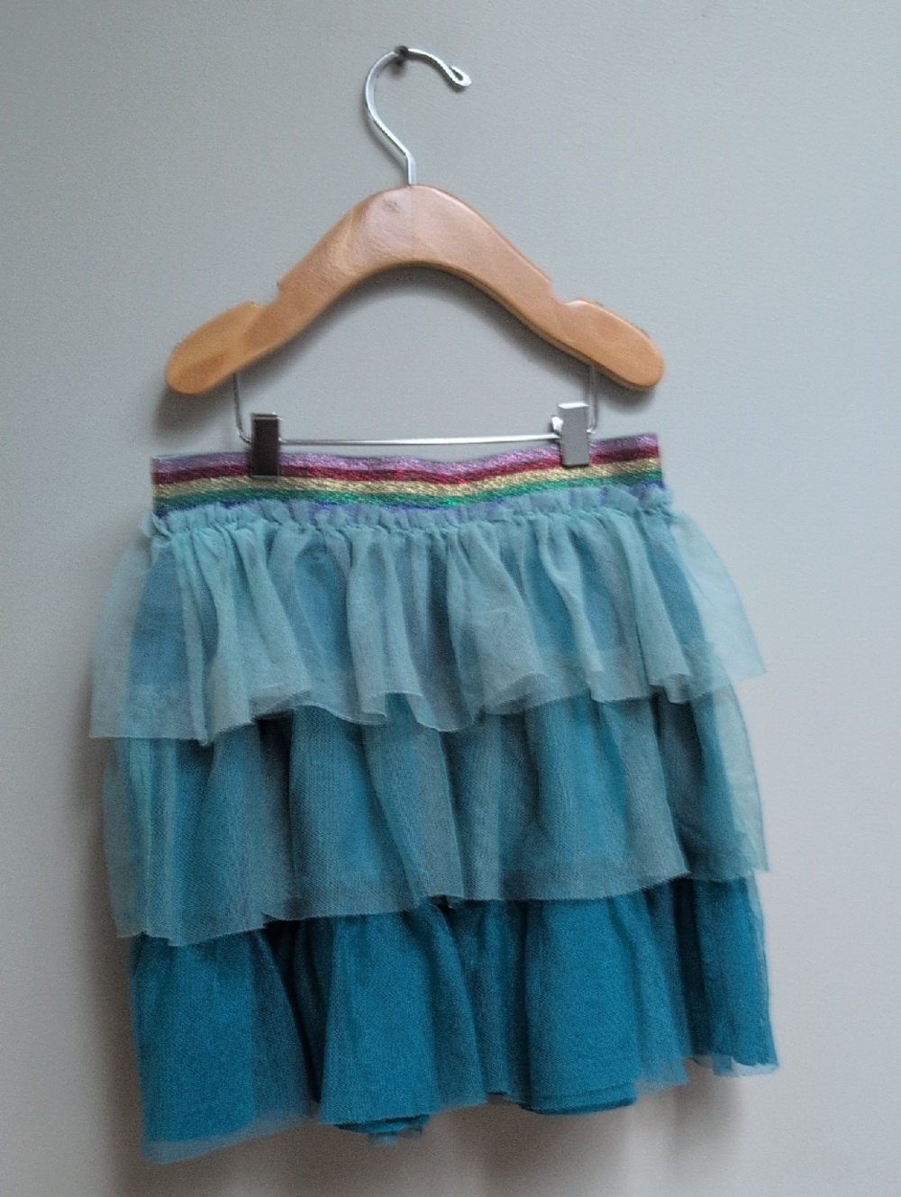 Mini Boden Teal Layered Tulle Skirt with Rainbow Elastic Waistband